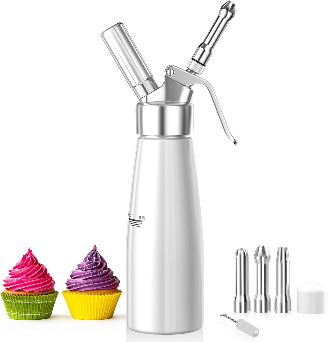 Newaner 500ml sahnespender, Sahnesyphon Aluminium mit 3 Edelstahl Deko-Düsen und 1 Reinigungbürste,