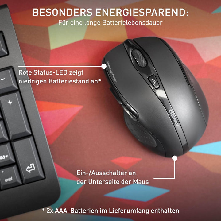 CHERRY MW 3000, Kabellose Ergonomische Maus für Rechtshänder, 2,4 GHz Funk, 6 Tasten, Optischer Sens
