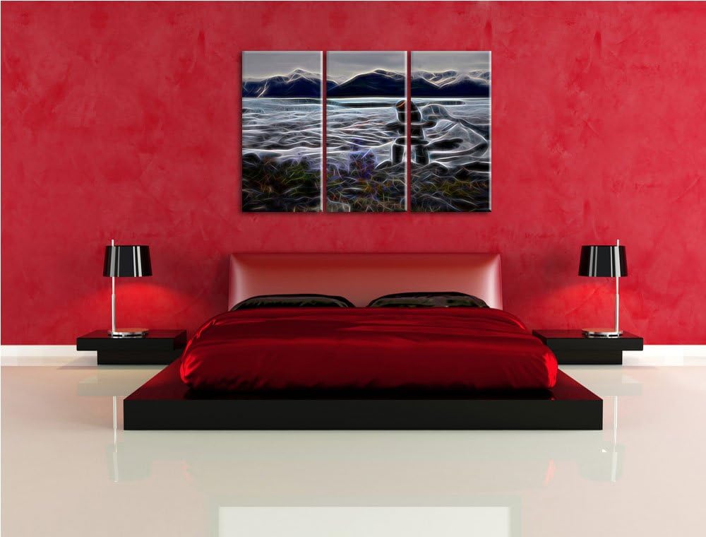 Steinmenschskulptur in winterlicher Landschaft NewArt 3-Teiler Leinwandbild 120x80 Bild auf Leinwand