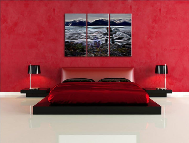 Steinmenschskulptur in winterlicher Landschaft NewArt 3-Teiler Leinwandbild 120x80 Bild auf Leinwand