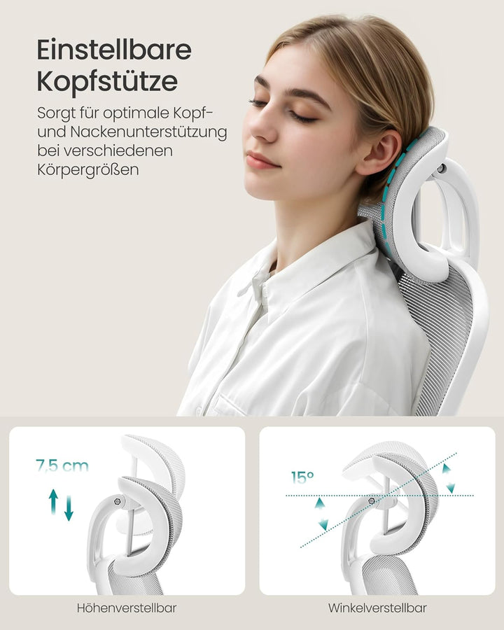 SONGMICS Bürostuhl ergonomisch, Drehstuhl mit Mesh, Lenden- und Kopfstütze, Wippfunktion, 53 cm gros