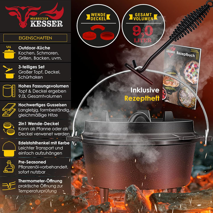 KESSER® Dutch Oven Set BBQ 9 Liter, Feuertopf Schmortopf mit Füssen, Gusseisen Topf mit Deckelheber