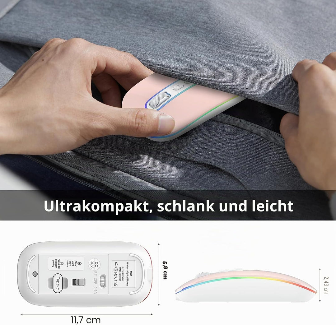 cimetech Bluetooth Maus kabellos (Bluetooth 5.1 + USB 2,4 GHz) LED Dual Mode- Wiederaufladbare Optis