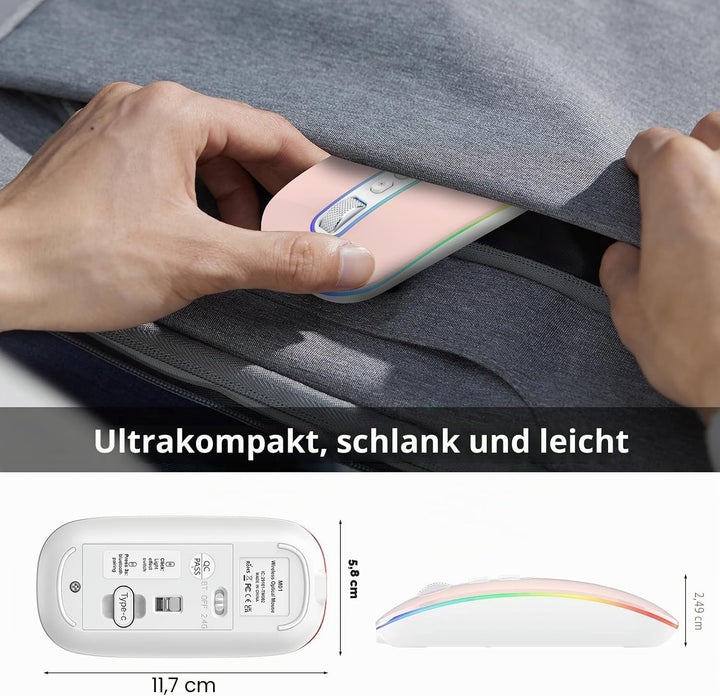 cimetech Bluetooth Maus kabellos (Bluetooth 5.1 + USB 2,4 GHz) LED Dual Mode- Wiederaufladbare Optis