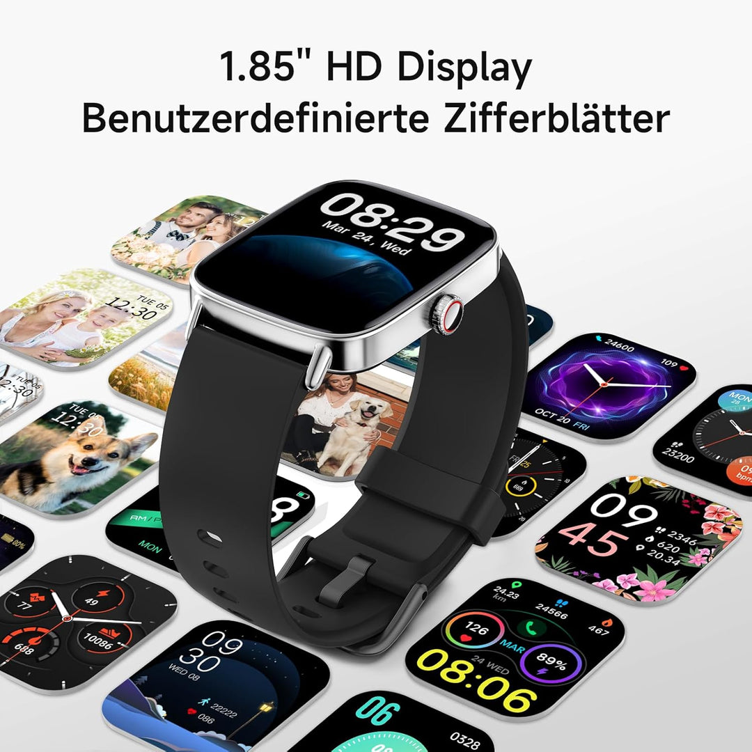 Smartwatch Herren Damen mit Telefonfunktion,1.85" HD Uhren mit Herzfrequenz Schlafmonitor SpO2 Schri