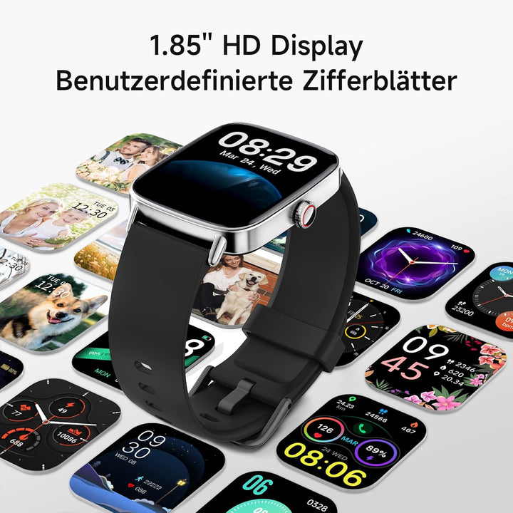 Smartwatch Herren Damen mit Telefonfunktion,1.85" HD Uhren mit Herzfrequenz Schlafmonitor SpO2 Schri