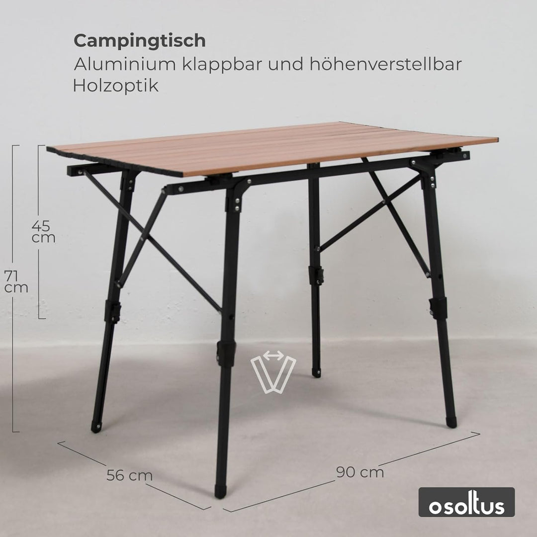 osoltus Campingtisch Fjord höhenverstellbar Aluminiumgestell | Klapptisch Holzoptik-Tischplatte 90cm