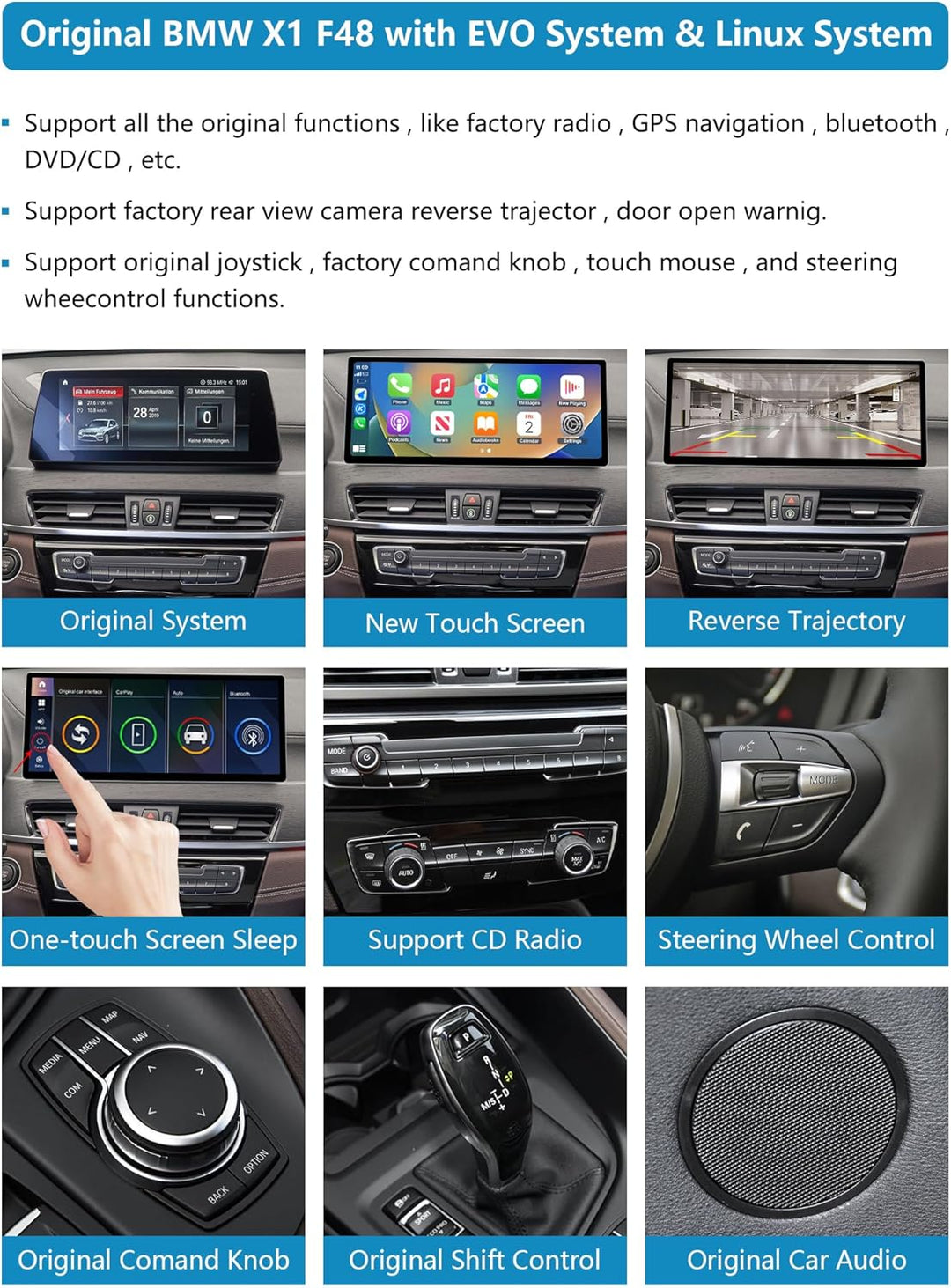 Autoradio 12,3-Zoll-Touchscreen mit kabellosem Carplay und Android Auto für 2016-2022 BMW X1-Serie F