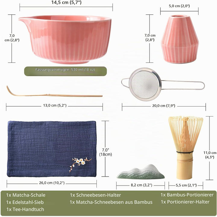 Matcha Set Premium 7-teilig Keramik: Matcha Schale, Bambus Besen (Chasen),Teebesenbasis，Teelöffel, S