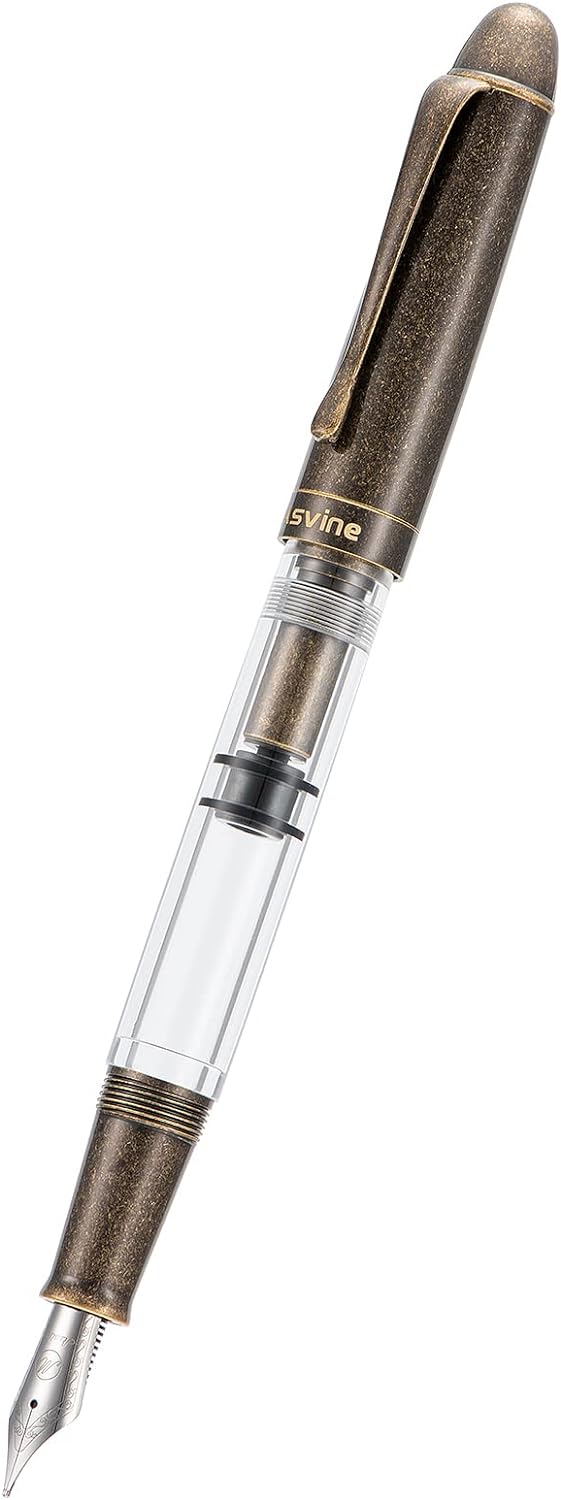 Asvine P30 Kolbenfüllfederhalter, mittlere Feder, Retro-Messing-Stil, transparentes Acryl, grosse Ti