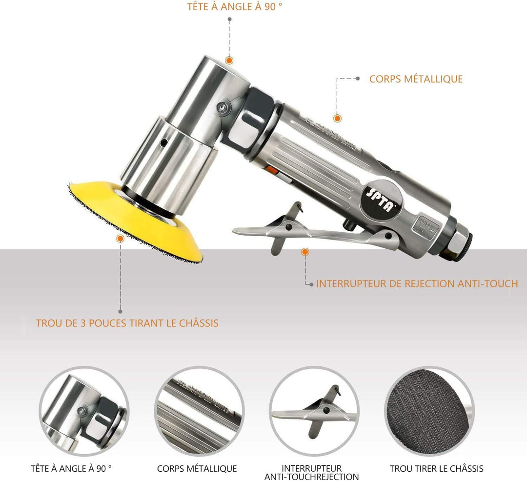 SPTA 80mm Winkelschleifer Mini Druckluft Exzenterschleifer Klett-Schleifteller im Lieferumfang Mit 1