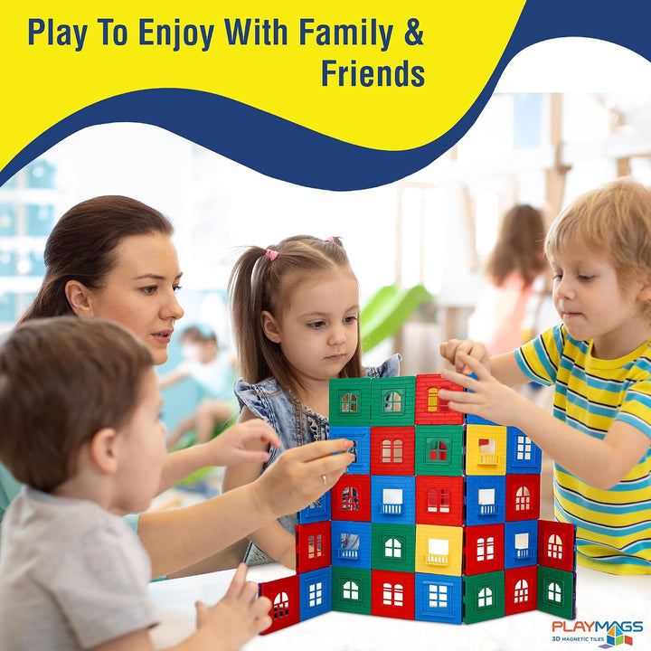 Playmags 60 PC 3D Magnetic Fliesen Gebäude Spielset: Durable Gebäude Set enthält 30 Fensterrahmen un
