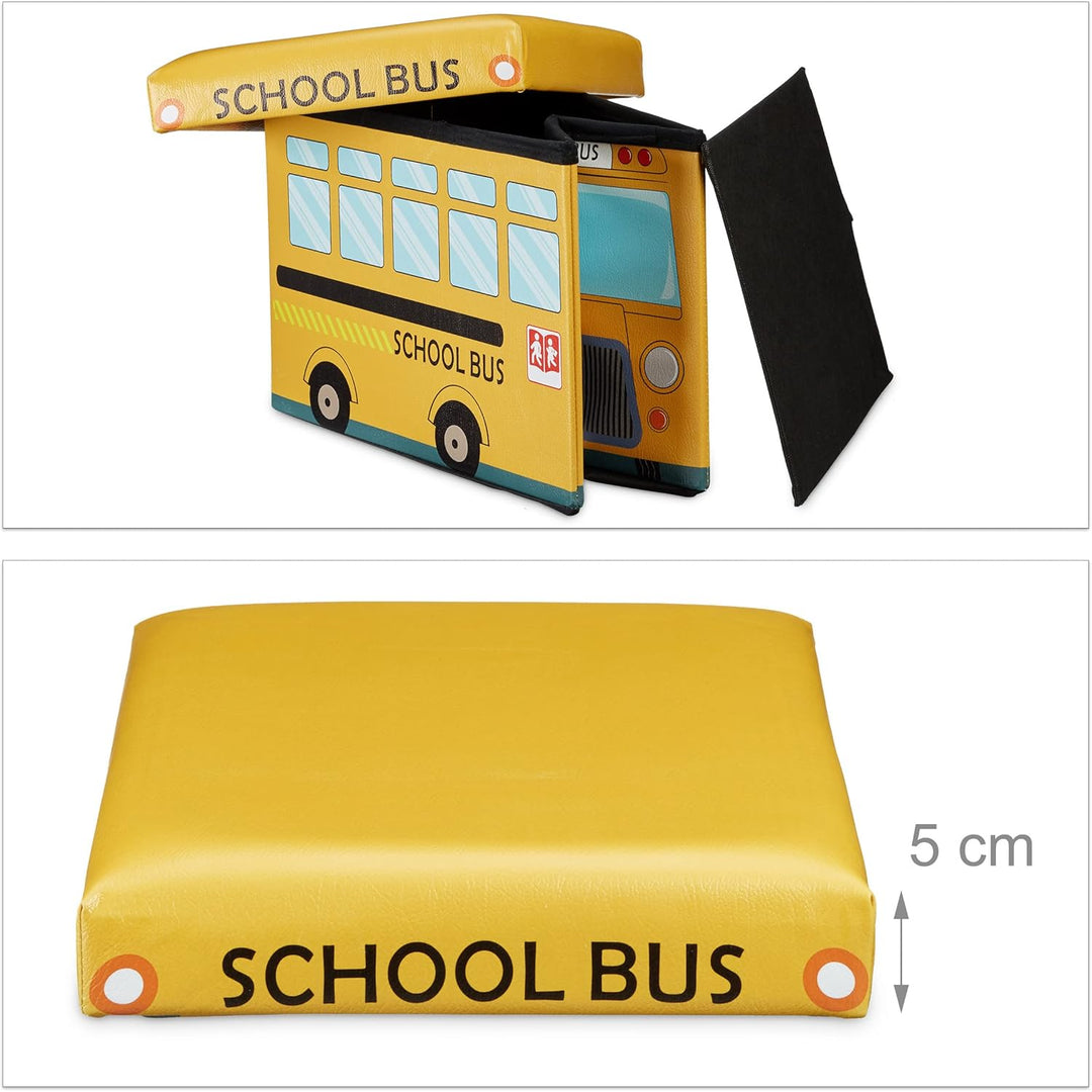 Relaxdays Faltbare Spielzeugkiste Schulbus HBT 32 x 48 x 32 cm stabiler Kinder Sitzhocker als Spielz