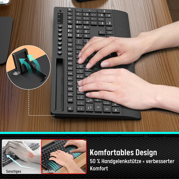 Tastatur Maus Set Kabellos, Leise 2,4 GHz Tastatur in voller Grösse mit Handballenauflage, Telefonha