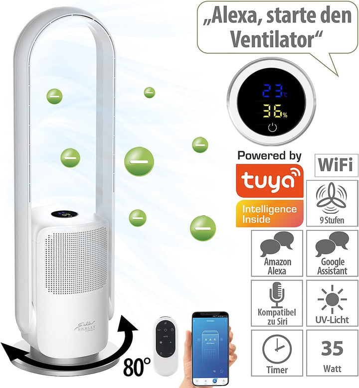 Sichler Haushaltsgeräte Turmventilator: Rotorloser 2in1-360°-Ventilator & Luftreiniger, WLAN, App, H
