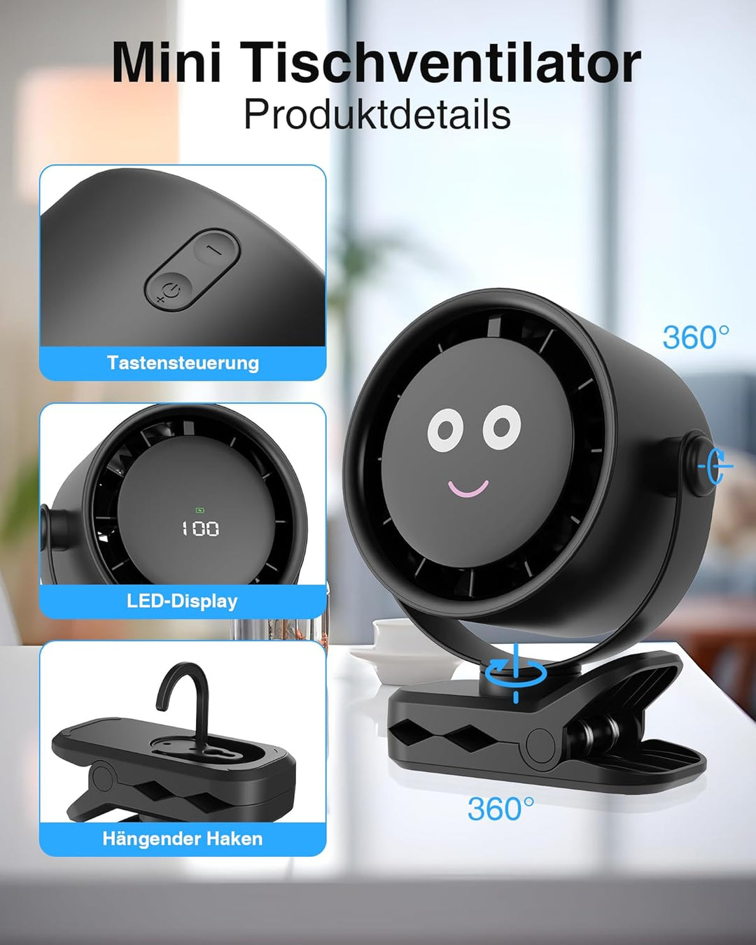 Ventilator Leise mit Clip - USB Tischventilatoren, 5 Geschwindigkeiten Tragbarer Mini Fans mit LED D