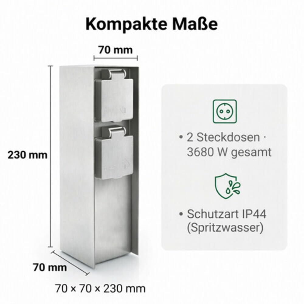 LED Universum Gartensteckdose aus Edelstahl, IP44 für aussen, 23cm (Silber 2-fach), Silber 2-fach