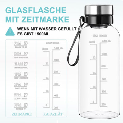 RNCKUUE 1.5 Liter Glasflasche, 1.5l Glas Trinkflasche, Wasserflasche Glas mit Sieb, Neoprenhülle, Fl