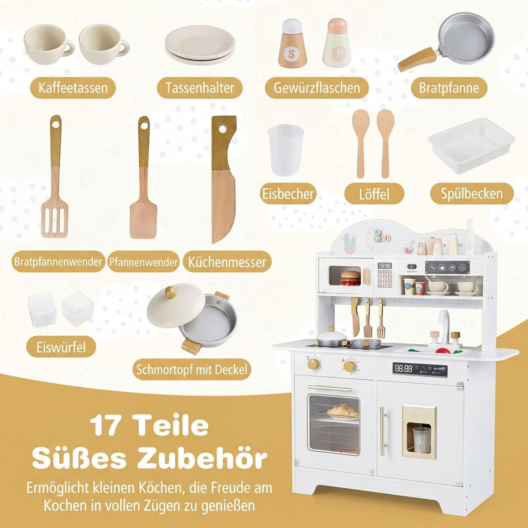 COSTWAY Kinderküche, Spielküche Holz mit 17 Zubehörteilen, Spielzeugküche mit Backofen, Eismaschine,
