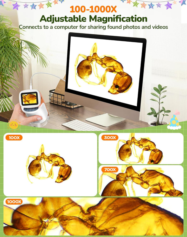 Mikroskop für Kinder mit Stand: Digitales Handmikroskop 100 – 1000 x: LCD-Display 4 K, 2,0 Zoll, USB