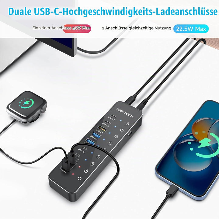 RSHTECH 10 Ports USB C Hub mit Netzteil - 3 USB 3.2 Gen 2 (2 Type C*1 Type A), 4 USB 3.0 (2 Typ C*2