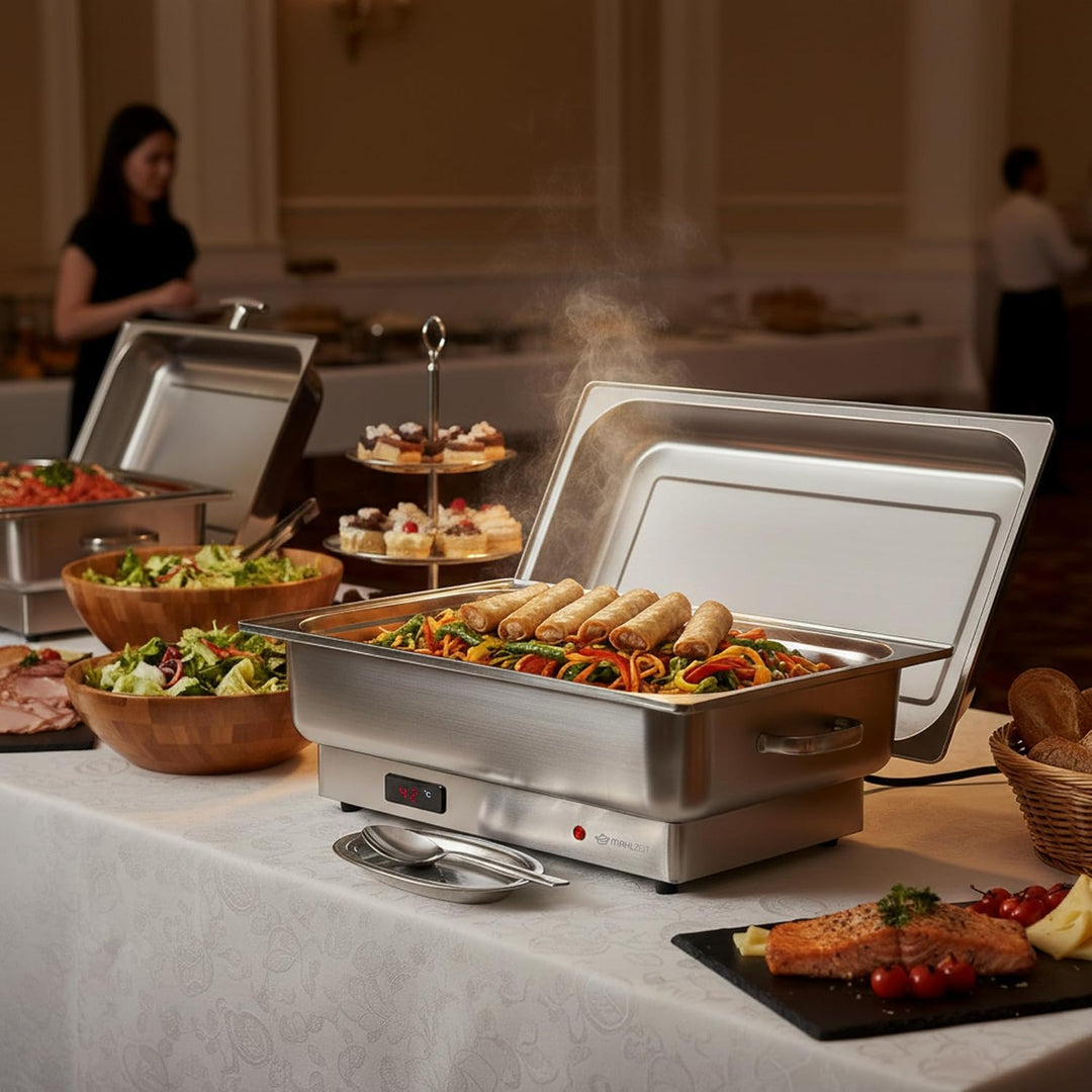 Mahlzeit elektrischer Edelstahl Chafing Dish mit GN 1/1 | 9 Liter | bis 80°C mit Display | Speisenwä