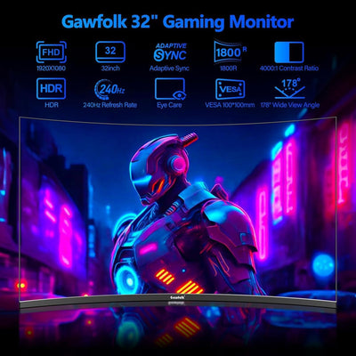 Gawfolk Gaming Monitor 32 Zoll Curved, 240Hz PC Bildschirm Full HD 1080P, Rahmenloses 1800R Gebogene