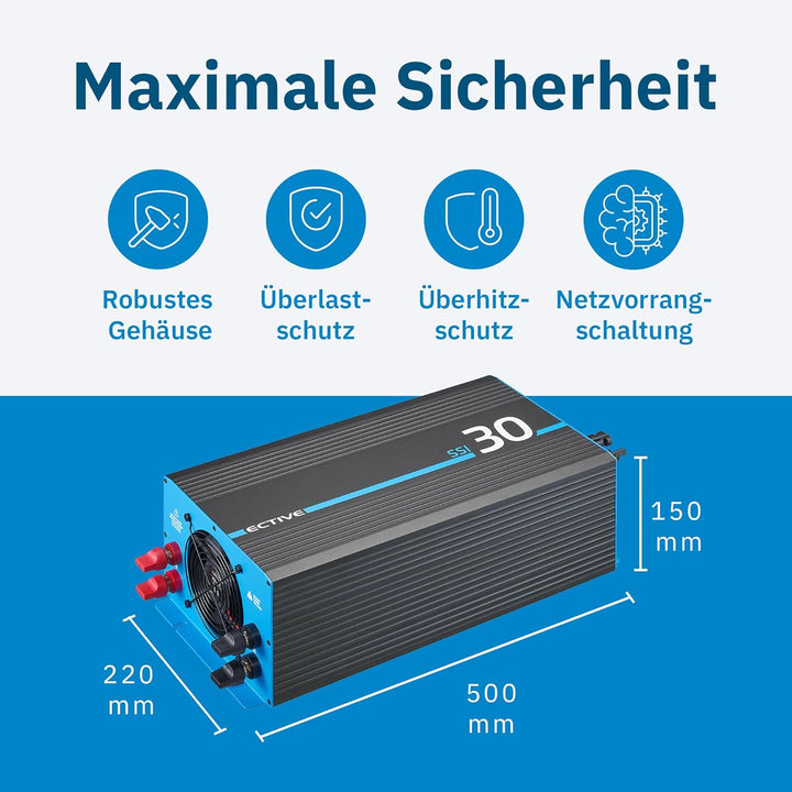 ECTIVE Reiner Sinsus Wechselrichter SSI 30-3000W, 20A, 12V auf 230V, Überlastschutz, Überhitzungssch