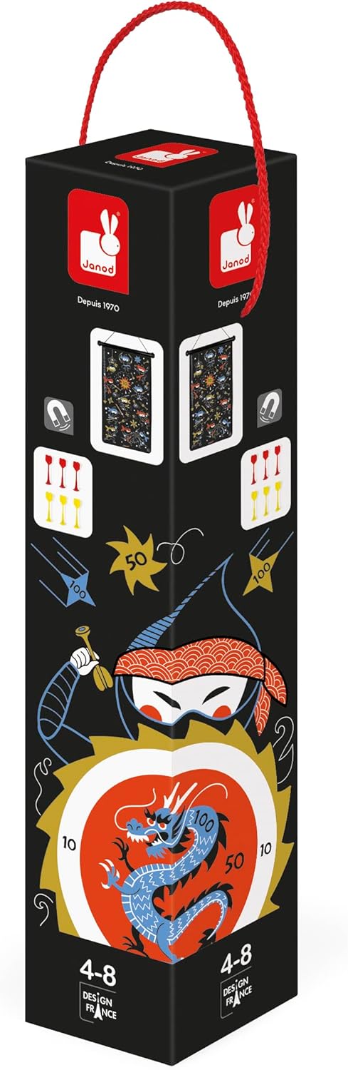 Janod - Magnetisches Dartspiel Ninja-Motive - 6 Plastikpfeile - Spiel aus Stoff, Beidseitig Nutzbar