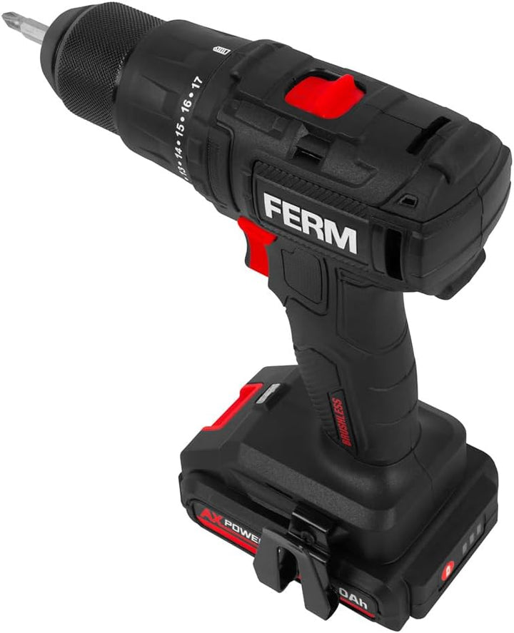 FERM Akku-Bohrmaschine 20V – Inklusive 2,0Ah Li-Ion Akku und Ladegerät – Mit Transportkoffer – Bürst