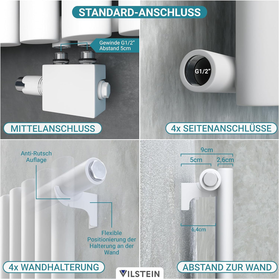 VILSTEIN Flachheizkörper, Paneelheizkörper einlagig, Mittelanschluss und Seitenanschluss, 1600x540 m