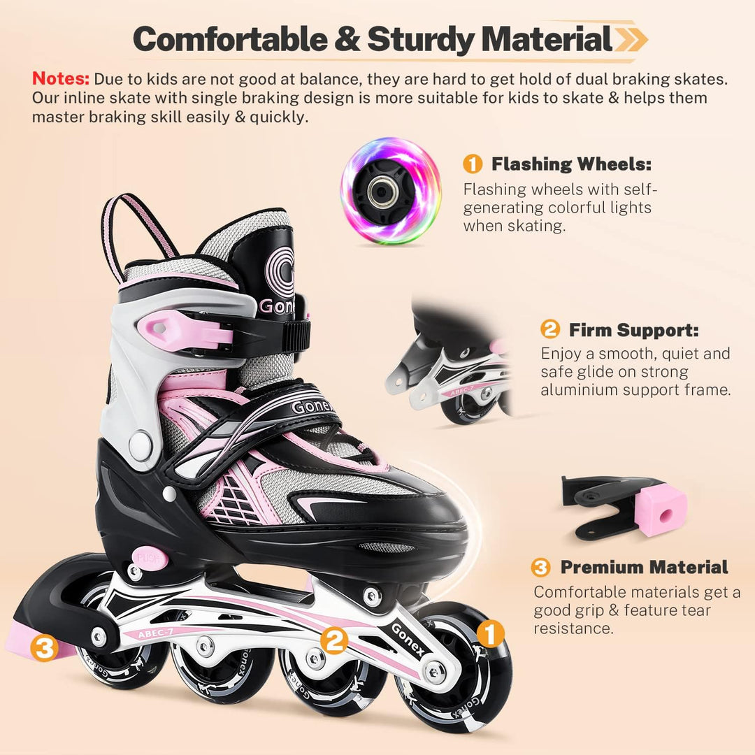 Gonex Inliner für Kinder, Inline Skates für Mädchen Jungen mit Leuchtende Räder Einstellbarer Schwar