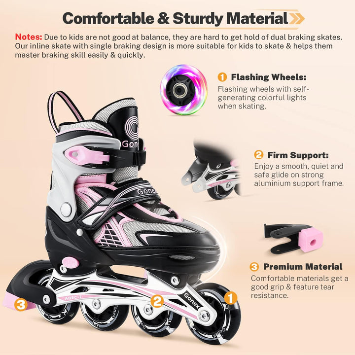 Gonex Inliner für Kinder, Inline Skates für Mädchen Jungen mit Leuchtende Räder Einstellbarer Schwar
