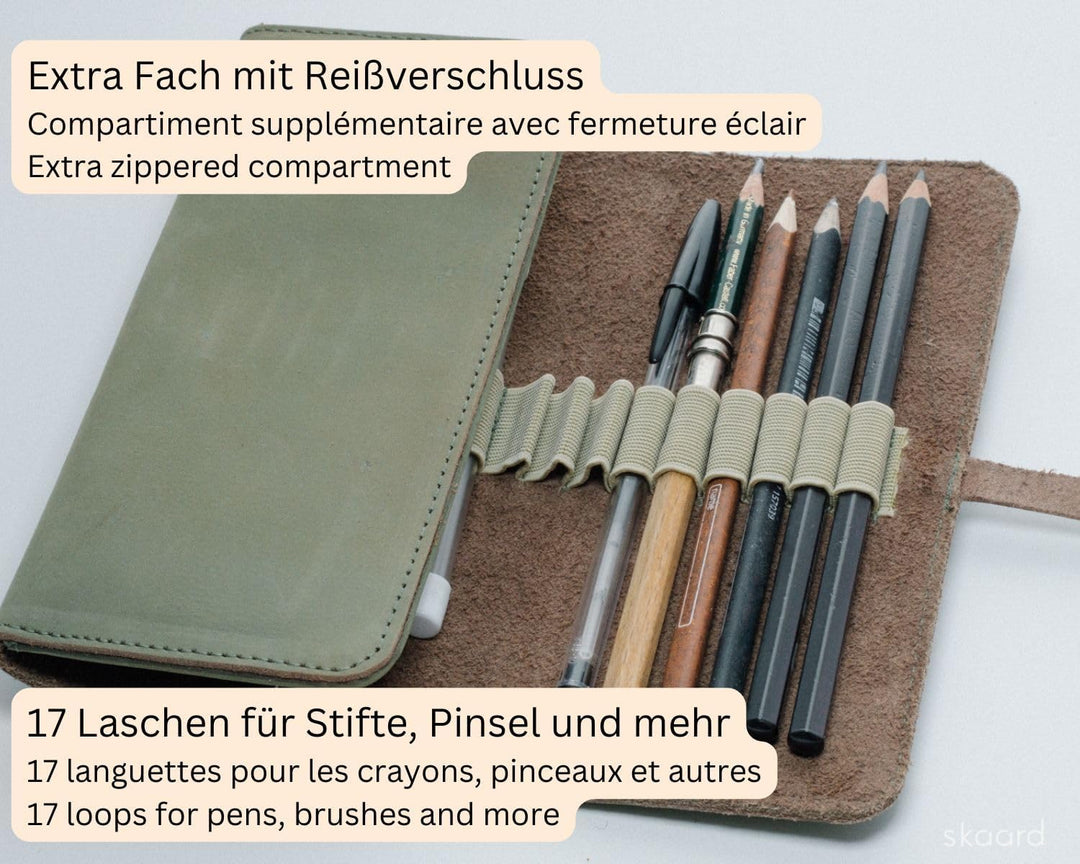 skaard Federmäppchen, echtes Leder, für Stifte & Pinsel, grün, Stifteetui gross Grün-braun, Grün-bra