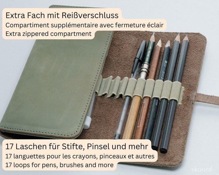 skaard Federmäppchen, echtes Leder, für Stifte & Pinsel, grün, Stifteetui gross Grün-braun, Grün-bra