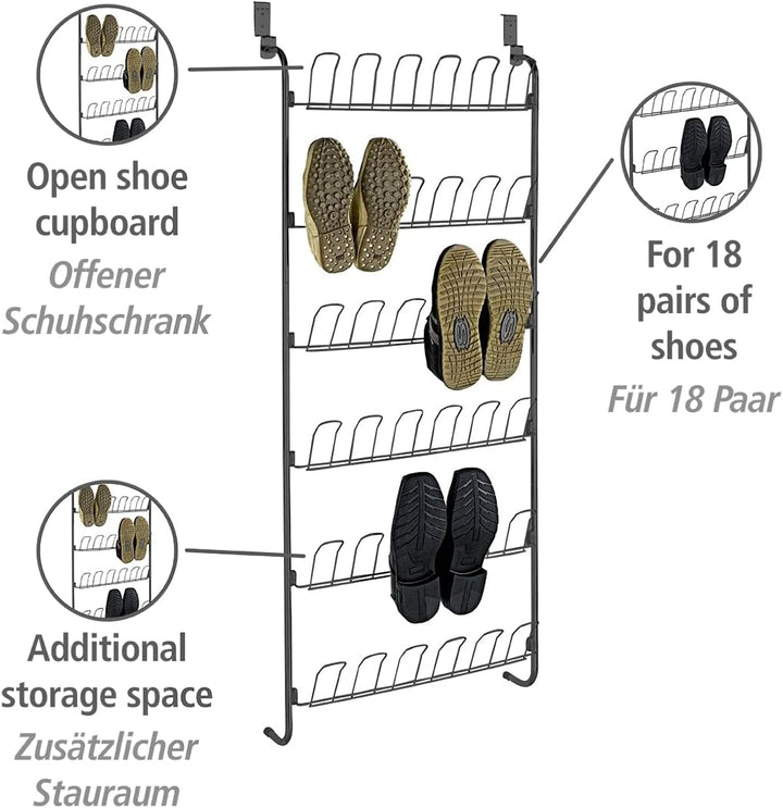 WENKO Tür-Schuhregal, 6 Ablagen für bis zu 18 Paar Schuhe, Zum Einhängen an die Tür, Pulverbeschicht