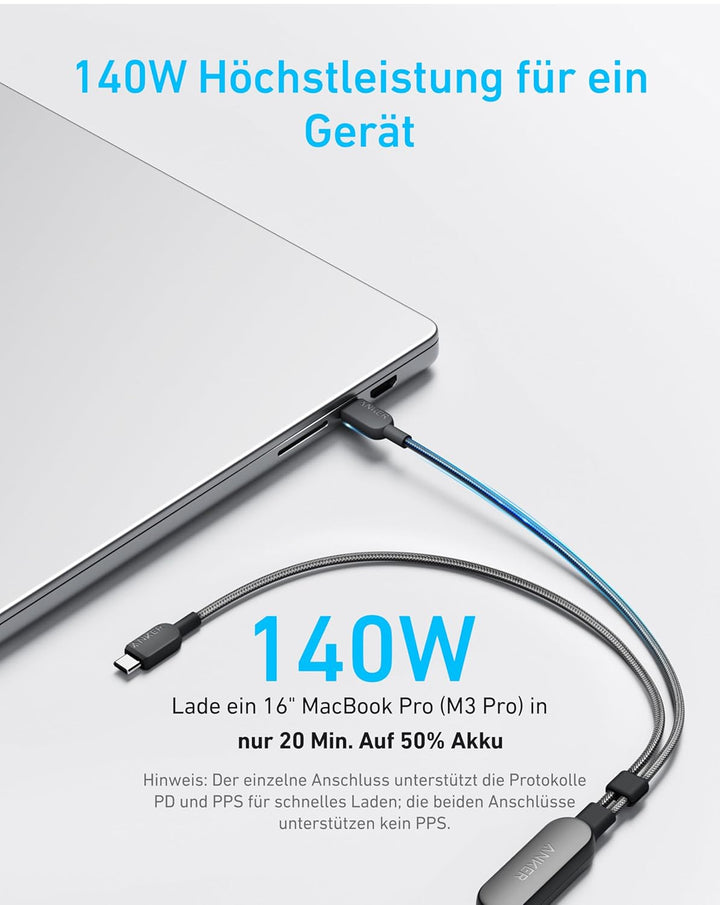 Anker USB C auf USB C Kabel, 140W Max 2-in-1 USB C Kabel 1,2m, für iPhone 16/16 Pro/16 Pro Max/16 Pl