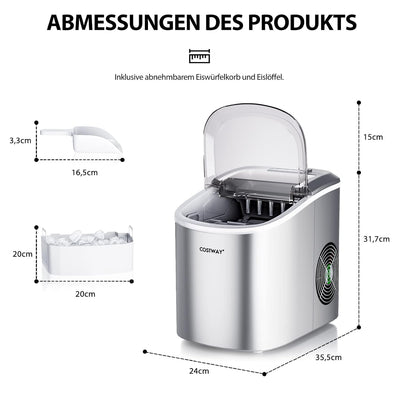 COSTWAY 2,2 L Eiswürfelmaschine 12kg/24H, Ice Maker 9 Eiswürfel in 6-13min, Elektrischer Eiswürfelbe