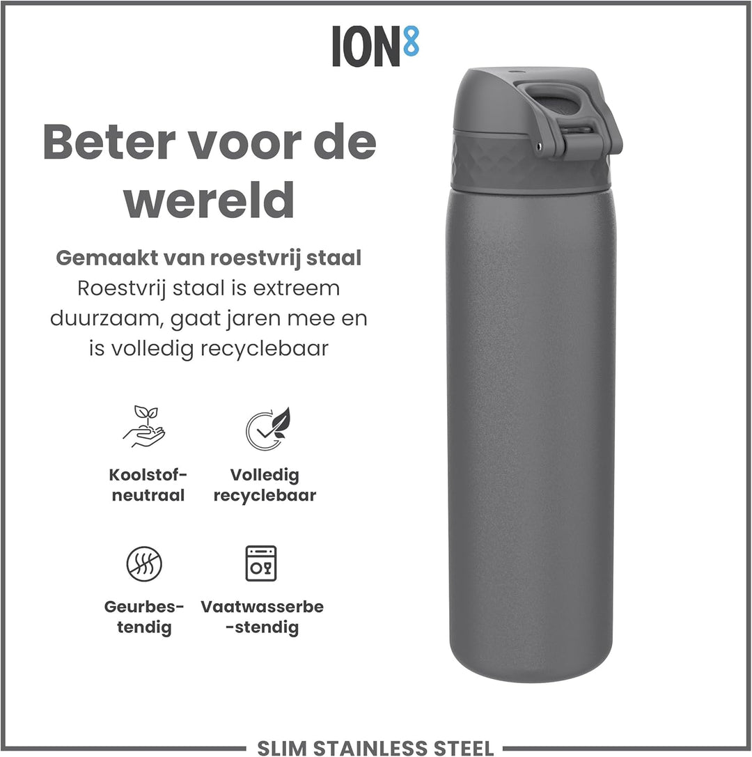 Ion8 Stahl-Trinkflasche, 600 ml, Auslaufsicher, Einhandöffnung, Sichere Verriegelung, Spülmaschinenf