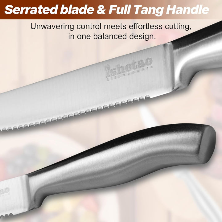 isheTao Steakmesser-Set, 6-teilig, Extra Scharfe Klinge, Wellenschliff, spülmaschinengeeignet, 12 cm