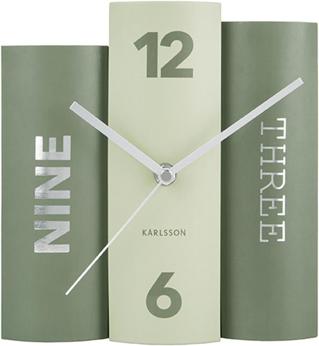 Karlsson KA5756GR Tischuhr, Trompe-L'Oeil-Bücher, Buch, Grün, Fester Karton und Metall, H20 x 20 x 1