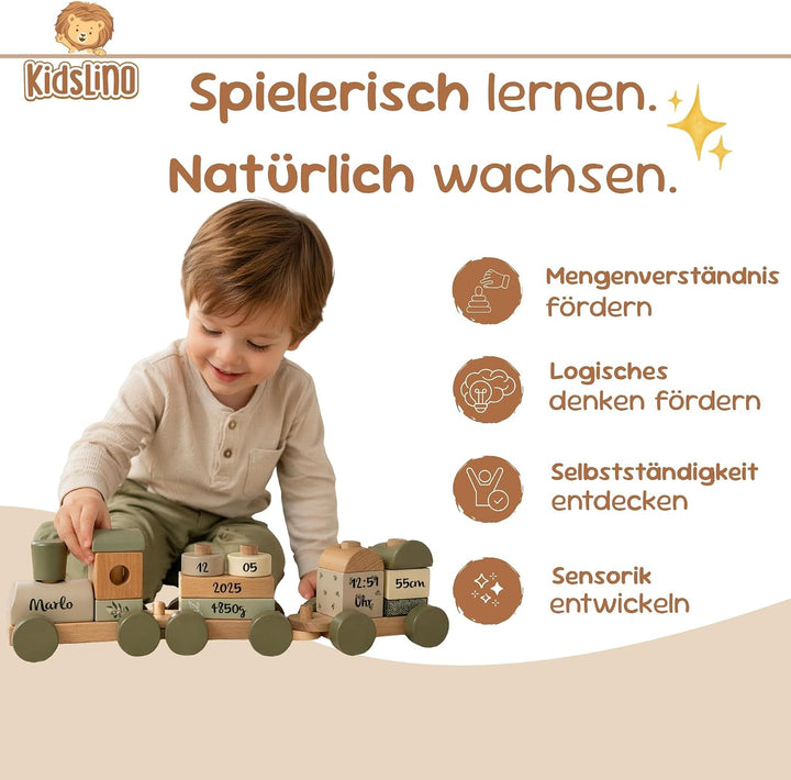 Personalisierte Holzeisenbahn Olivgrün – Personalisierte Geschenke Baby I Steckspielzeug I Geschenk