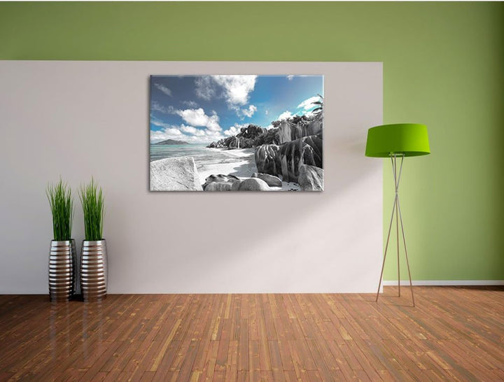 Pixxprint Seychellen Strand als Leinwandbild/Grösse: 100x70 cm/Wandbild/Kunstdruck/fertig bespannt,