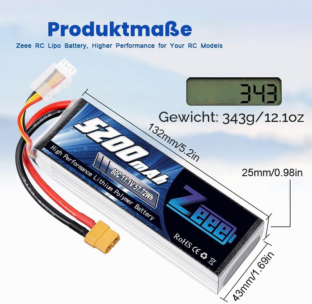 Zeee 3S LiPo Akku 5200mAh 11,1V 80C mit XT60 Steck für RC Auto, RC Flugzeug, RC Hubschrauber, RC Hob