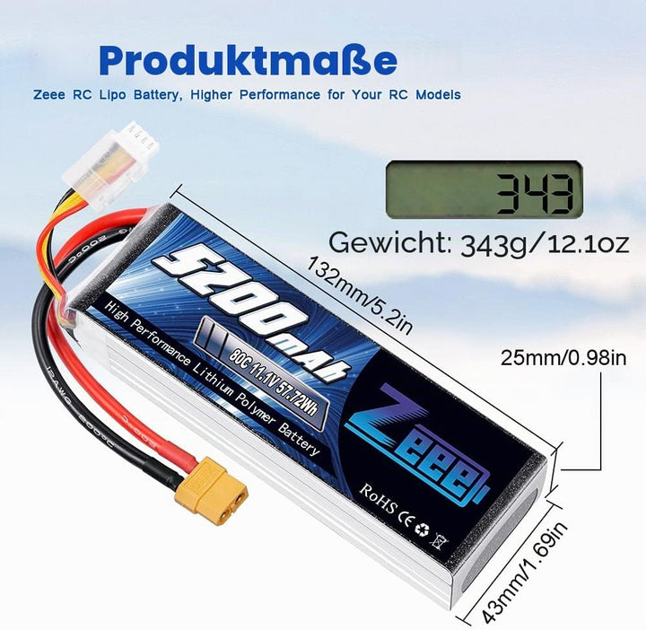 Zeee 3S LiPo Akku 5200mAh 11,1V 80C mit XT60 Steck für RC Auto, RC Flugzeug, RC Hubschrauber, RC Hob