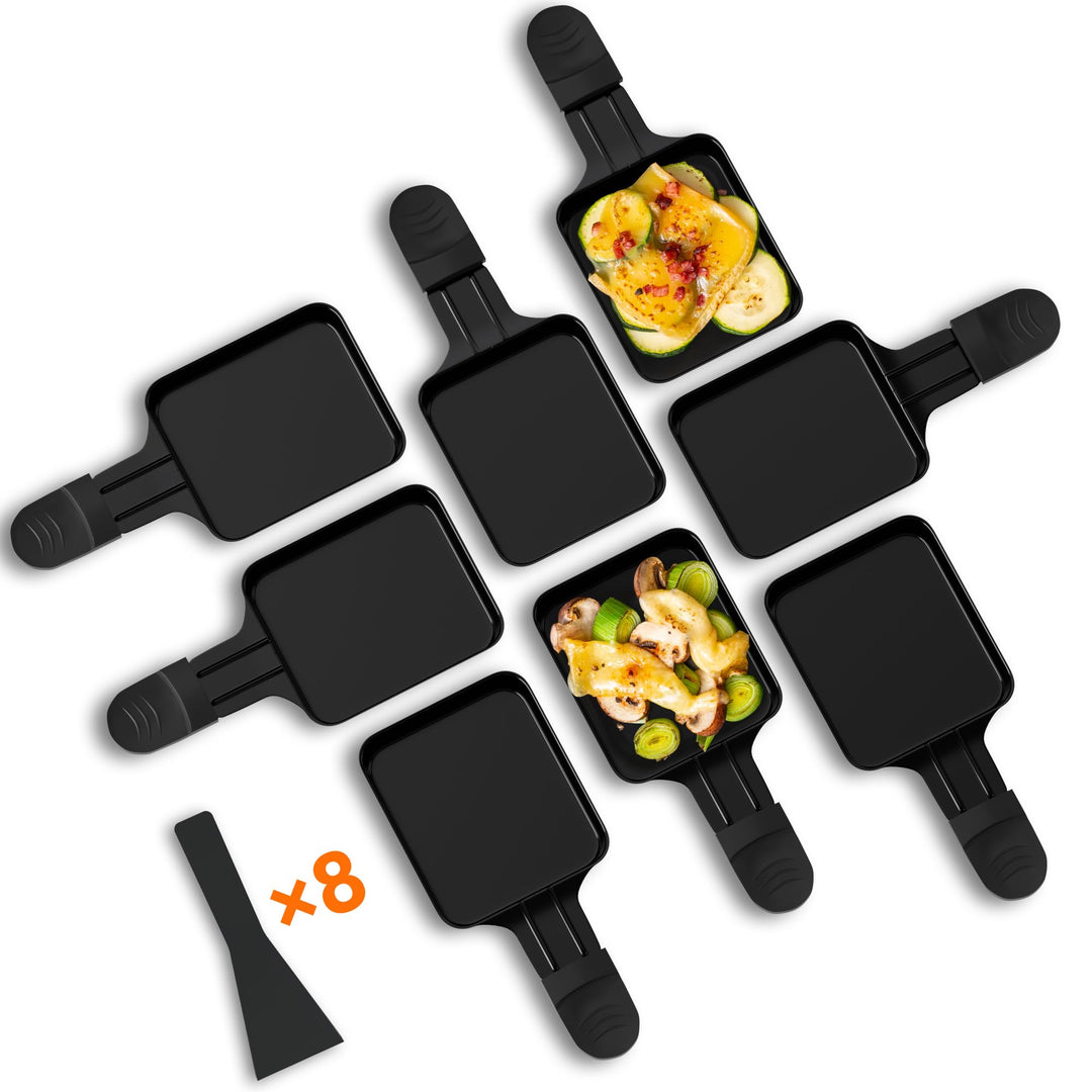 8 Stück Pfännchen für Raclette, Antihaftbeschichtet, Viereckig Mini mit 8 Schaufel Schwarz