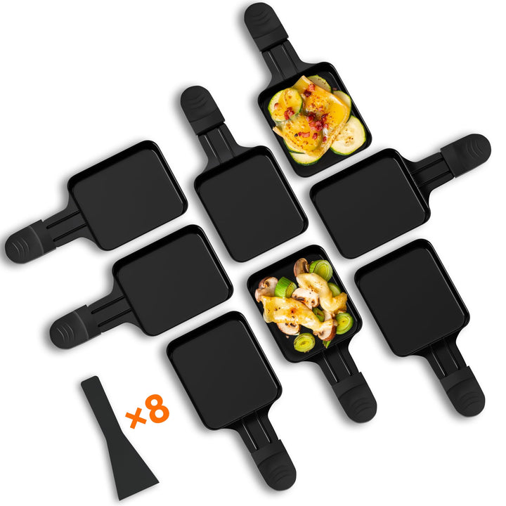 8 Stück Pfännchen für Raclette, Antihaftbeschichtet, Viereckig Mini mit 8 Schaufel Schwarz