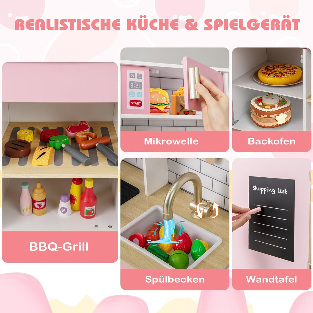 COSTWAY Kinderküche mit Zubehör, Kinder Küche mit Eismaschine & Dunstabzugshaube & Tafel & Grill & B