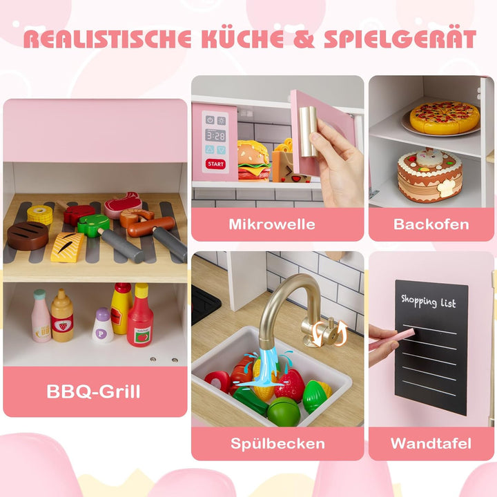 COSTWAY Kinderküche mit Zubehör, Kinder Küche mit Eismaschine & Dunstabzugshaube & Tafel & Grill & B