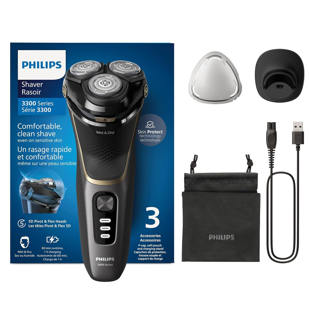 Philips Shaver Series 3000 – Elektrischer Nass- und Trockenrasierer für Männer in Schwarz, mit SkinP